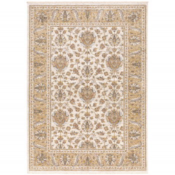 2' x 3' Ivory and Gold Oriental Power Loom Stain Resistant Area Rug with Fringe