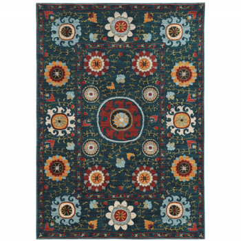 2' x 3' Teal Blue Rust Gold and Ivory Floral Power Loom Stain Resistant Area Rug