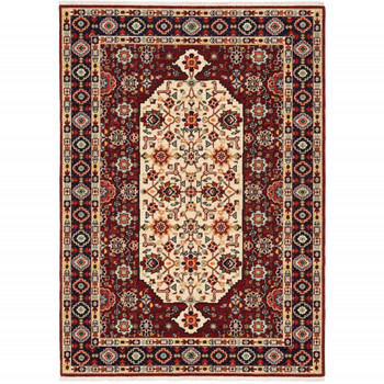 2' x 3' Red Ivory Blue and Orange Oriental Power Loom Area Rug with Fringe
