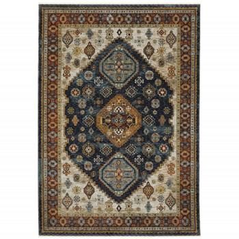 2' x 3' Blue Rust Red Beige Orange Gold and Tan Oriental Power Loom Area Rug with Fringe