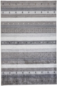 2' x 3' Gray Silver and Black Wool Striped Hand Knotted Stain Resistant Area Rug