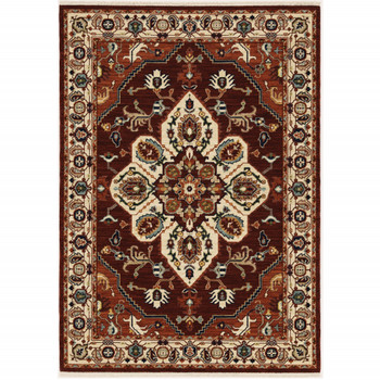 2' x 3' Red Ivory Orange and Blue Oriental Power Loom Area Rug with Fringe