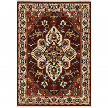 2' x 3' Red Ivory Orange and Blue Oriental Power Loom Area Rug with Fringe