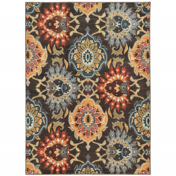 2' x 3' Brown Grey Rust Red Gold Teal and Blue Green Floral Power Loom Area Rug