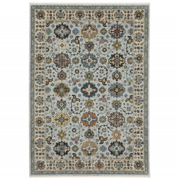 2' x 3' Blue Beige Grey Green Yellow and Rust Oriental Power Loom Area Rug with Fringe
