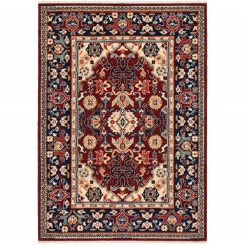 2' x 3' Red Blue Orange and Beige Oriental Power Loom Area Rug with Fringe