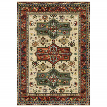 2' x 3' Brick Red Orange Rust Beige Gold Pale Blue Olive Navy & Black Oriental Power Loom Rug