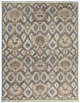 2' x 3' Ivory Gray and Taupe Wool Floral Hand Knotted Stain Resistant Area Rug