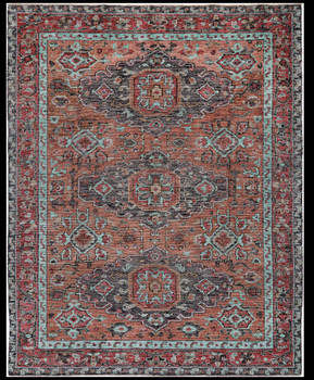 2' x 3' Red Orange and Blue Wool Floral Hand Knotted Distressed Area Rug with Fringe