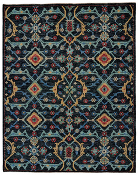 2' x 3' Blue Yellow and Red Wool Floral Hand Knotted Distressed Area Rug with Fringe