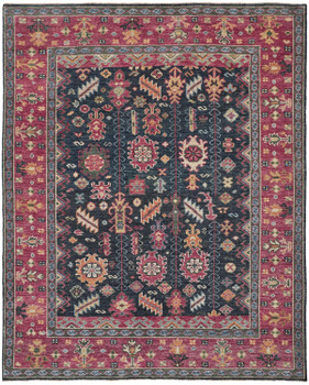 2' x 3' Pink Blue and Orange Wool Floral Hand Knotted Distressed Area Rug with Fringe