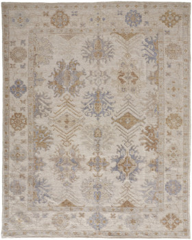 2' x 3' Ivory Tan and Blue Floral Hand Knotted Stain Resistant Area Rug