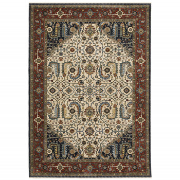 2' x 3' Ivory Beige Red Blue Gold Green and Navy Oriental Power Loom Area Rug with Fringe