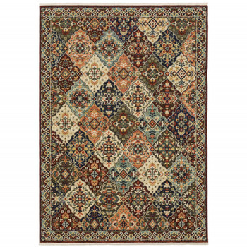 2' x 3' Red Rust Navy Light Blue Brown Orange Ivory and Gold Oriental Power Loom Area Rug