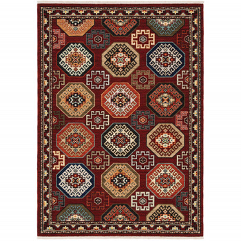 2' x 3' Red Blue Brown and Beige Oriental Power Loom Area Rug with Fringe