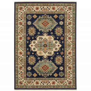 2' x 3' Navy Charcoal Orange Rust Gold Pale Blue Olive Beige & Salmon Oriental Power Loom Rug