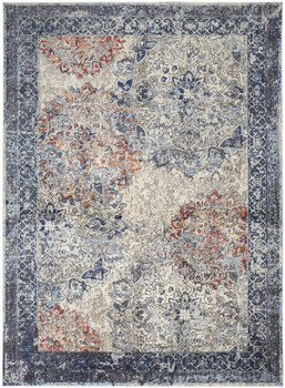 2' x 3' Blue Ivory and Red Floral Power Loom Distressed Stain Resistant Area Rug