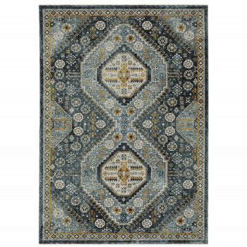 2' x 3' Light Blue Navy Gold Ivory and Grey Oriental Power Loom Area Rug with Fringe