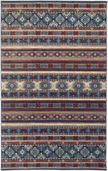 2' x 3' Blue Red and Ivory Geometric Power Loom Distressed Stain Resistant Area Rug