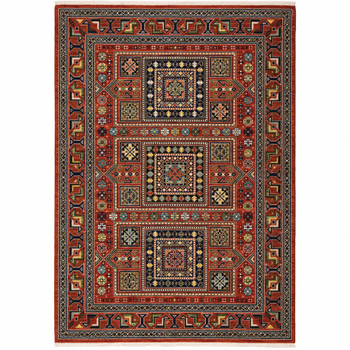 2' x 3' Red Blue Beige and Green Oriental Power Loom Area Rug with Fringe