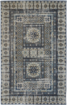 2' x 3' Ivory Tan and Blue Abstract Power Loom Distressed Stain Resistant Area Rug