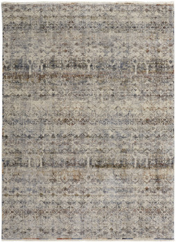 2' x 3' Tan Ivory and Blue Geometric Power Loom Distressed Area Rug with Fringe