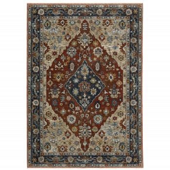 2' x 3' Blue Beige Tan Brown Gold and Rust Red Oriental Power Loom Area Rug with Fringe