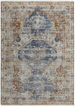 2' x 3' Ivory Orange and Blue Floral Power Loom Distressed Area Rug with Fringe