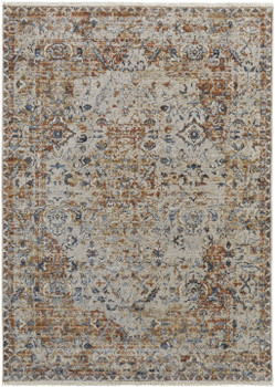 2' x 3' Tan Ivory and Orange Floral Power Loom Area Rug with Fringe