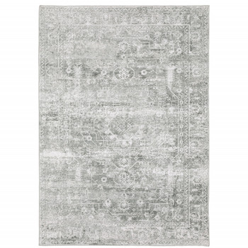 2' x 3' Sage Green Grey Ivory and Silver Oriental Printed Non Skid Area Rug