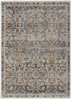 2' x 3' Tan Blue and Orange Floral Power Loom Distressed Area Rug with Fringe