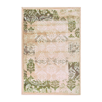 2' x 3' Beige Damask Power Loom Distressed Stain Resistant Area Rug