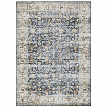 2' x 3' Blue Gold Rust Ivory and Olive Oriental Printed Stain Resistant Non Skid Area Rug