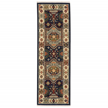 2' x 6' Blue Ivory Machine Woven Medallion Indoor Runner Rug