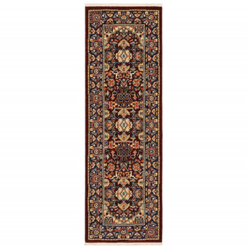 2' x 6' Red Blue Orange and Beige Oriental Power Loom Runner Rug with Fringe