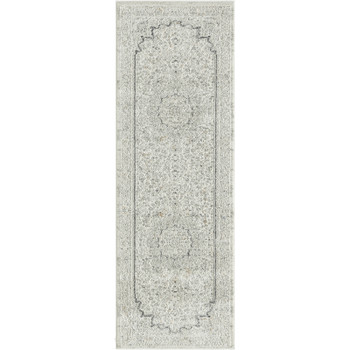 2' x 6' Ivory and Gray Floral Medallion Power Loom Stain Resistant Area Rug