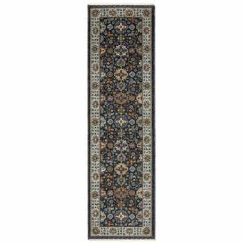 2' x 8' Blue and Beige Oriental Power Loom Polyester Runner Rug with Fringe