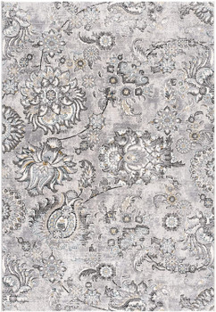 2' x 8' Grey Floral Power Loom Stain Resistant Area Rug