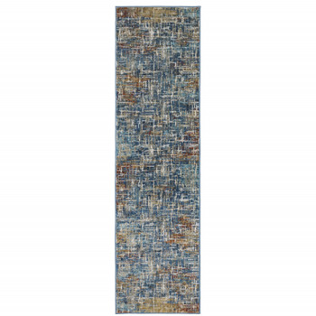 2' x 8' Blue Teal Gold Rust and Beige Abstract Power Loom Stain Resistant Runner Rug