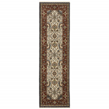 2' x 8' Ivory Beige Red Blue Gold Green and Navy Oriental Power Loom Runner Rug