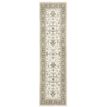 2' x 8' Ivory Grey and Blue Oriental Power Loom Stain Resistant Runner Rug