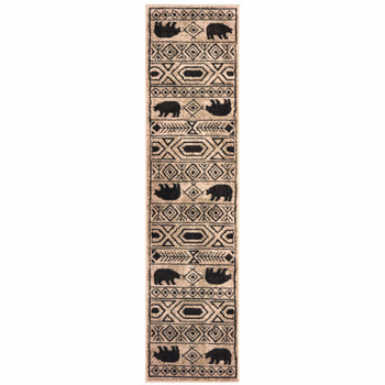 2' x 8' Ivory and Black Southwestern Power Loom Stain Resistant Runner Rug