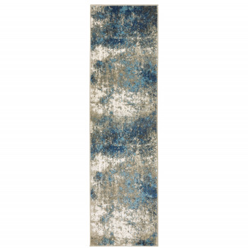 2' x 8' Blue Grey and Beige Abstract Power Loom Stain Resistant Runner Rug