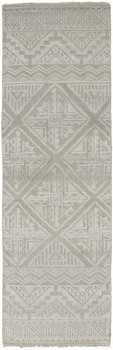 2' x 8' Ivory Tan and Gray Geometric Hand Knotted Runner Rug