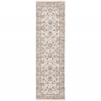 2' x 8' Ivory & Grey Oriental Power Loom Stain Resistant Runner Rug with Fringe