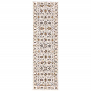2' x 8' Ivory and Gold Oriental Power Loom Stain Resistant Runner Rug with Fringe