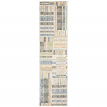 2' x 8' Green Grey and Ivory Geometric Power Loom Stain Resistant Runner Rug