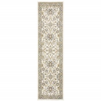2' x 8' Stone Grey Ivory Green Brown Teal and Light Blue Oriental Power Loom Runner Rug