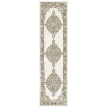 2' x 8' Beige Ivory Tan Gold Grey and Green Oriental Power Loom Runner Rug