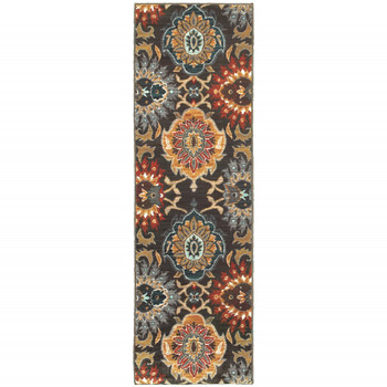 2' x 8' Brown Grey Rust Red Gold Teal and Blue Green Floral Power Loom Runner Rug